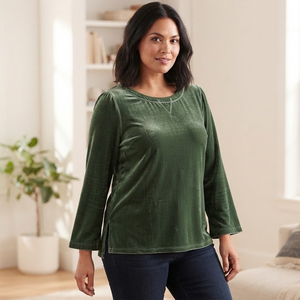 Soft Surroundings Green Silk Blend Velvet Long Sleeve Top Womens Medium